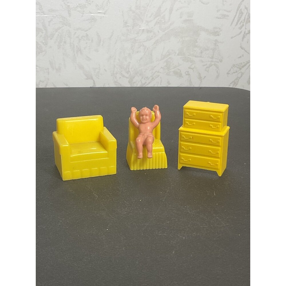 Vintage Yellow Dollhouse Furniture Set Chair Armchair Dresser Tiny Baby Figurine